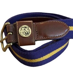 Torino Vtg 2004 Purple & Yellow Canvas Belt, Size 36, Solid Brass Buckle w Tiger